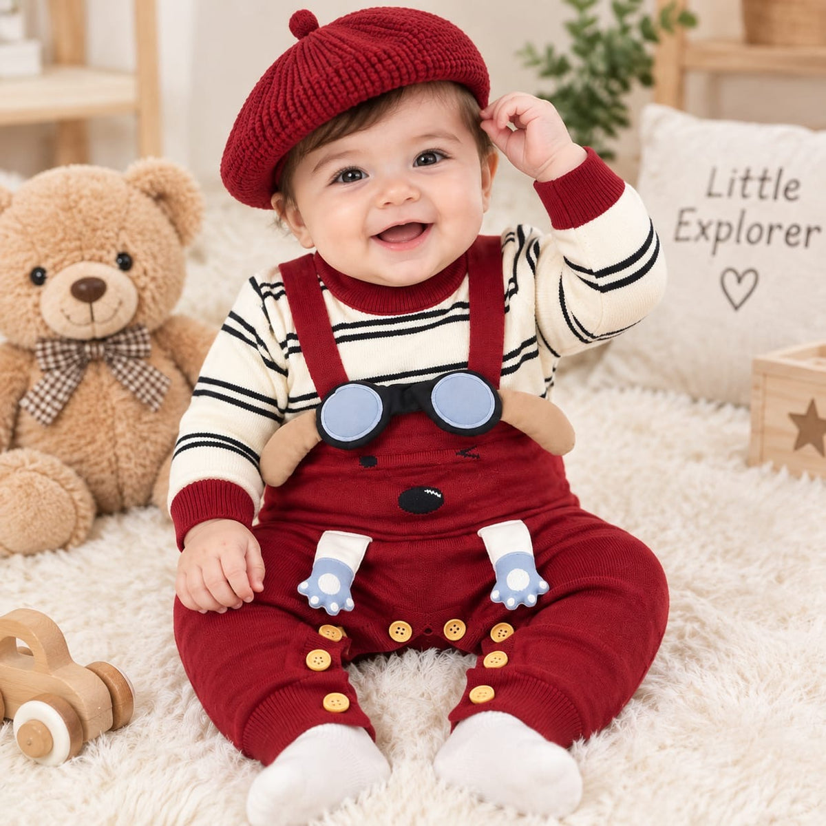 Little Explorer Knitted Baby Romper Set with Matching Cap
