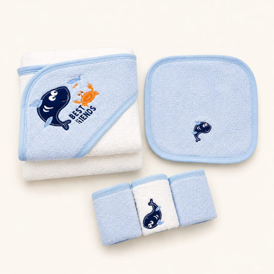 Best Friends” Whale & Crab Baby Hooded Bath Towel & Washcloth Gift Set – Blue
