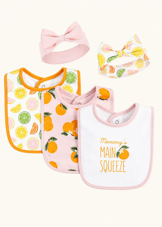 Baby Girl Bib & Headband Set – 5 Pieces