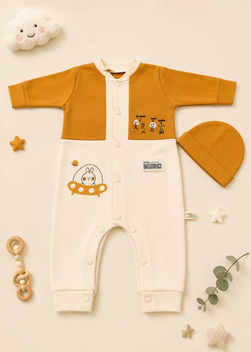 Mustard & Cream Space Bunny Unisex Baby Romper