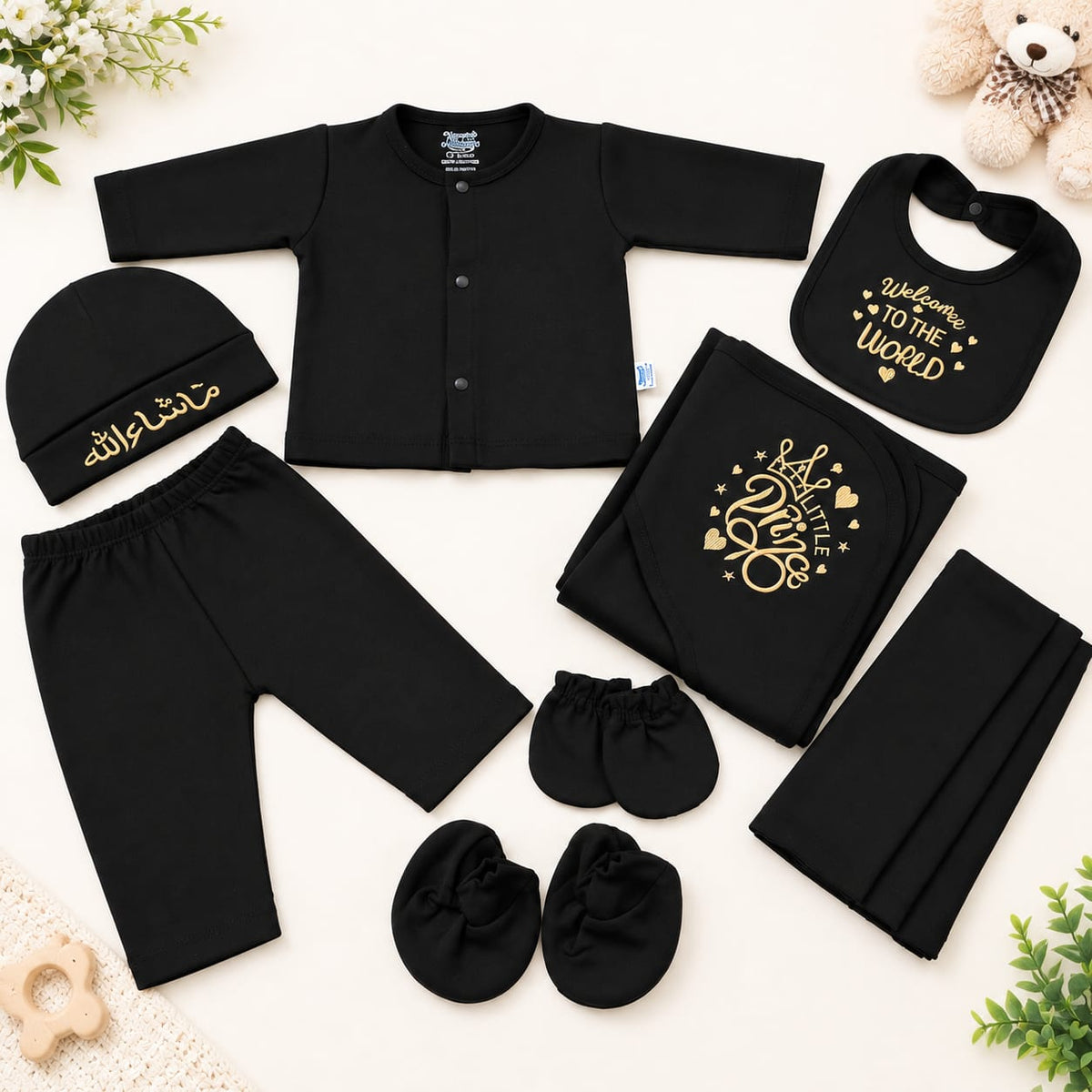 10-Pcs Newborn Clothing Set with MashaAllah Cap & Wrapping Blanket