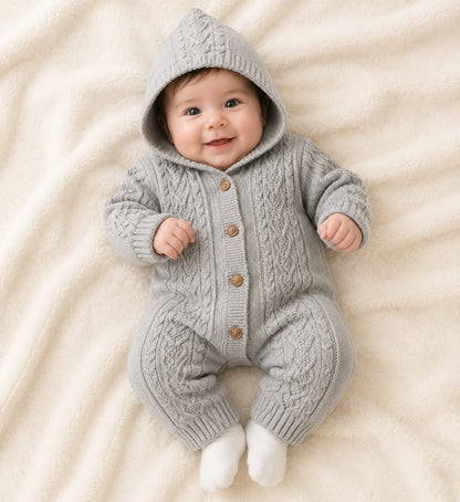 Cozy Cable-Knit Hooded Baby Romper