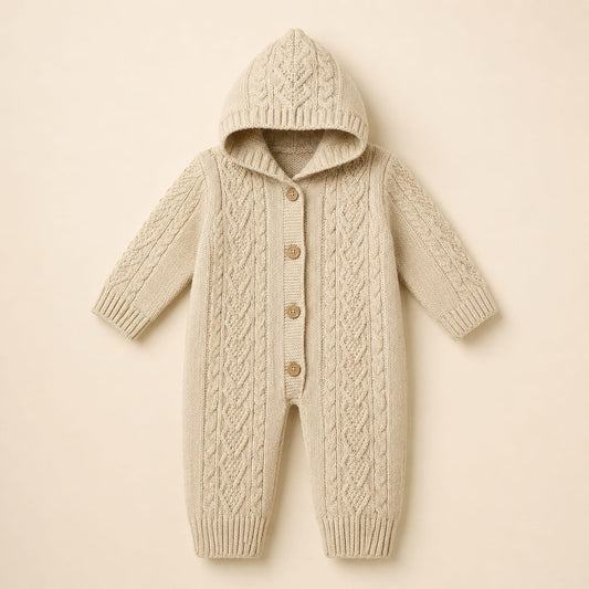 Cozy Cable-Knit Hooded Baby Romper