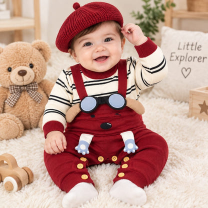 Little Explorer Knitted Baby Romper Set with Matching Cap