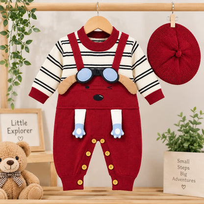 Little Explorer Knitted Baby Romper Set with Matching Cap