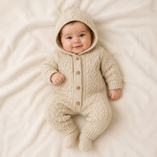 Cozy Cable-Knit Hooded Baby Romper