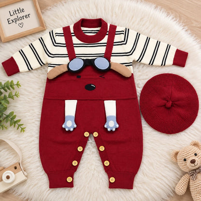 Little Explorer Knitted Baby Romper Set with Matching Cap