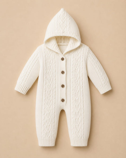 Cozy Cable-Knit Hooded Baby Romper