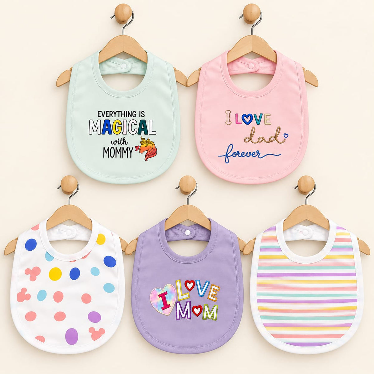 Waterproof Sheet Baby Feeding Bibs with Snap Button (Pack of 5)
