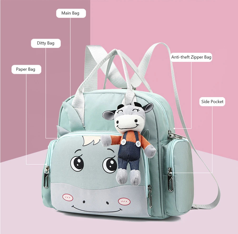 Baby Diaper Backpack Cow Face  Sea Green
