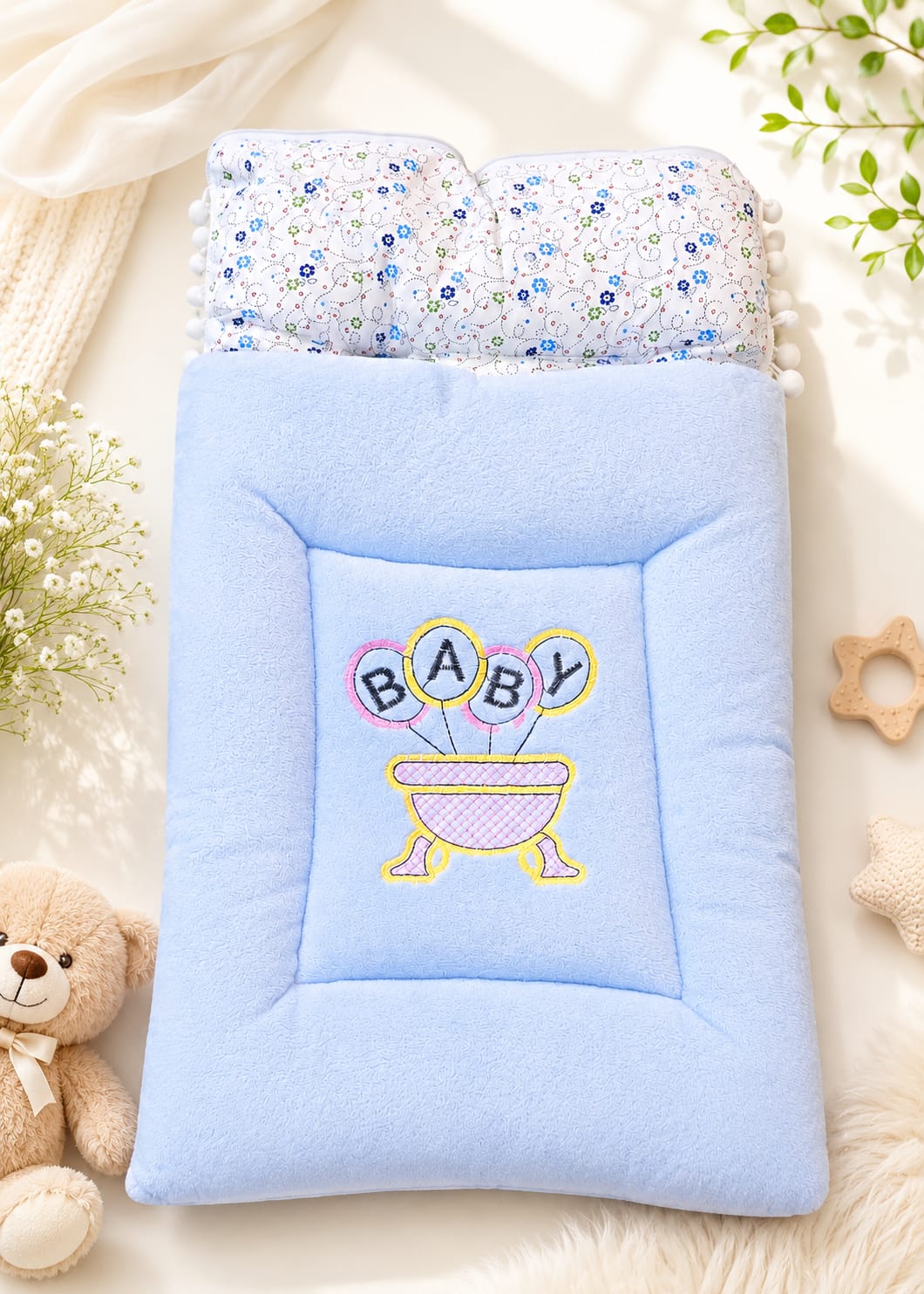 Embroidered Pastel Blue Baby Sleeping Bag & Carry Nest