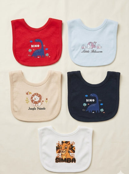Soft Cotton 5-Piece Bib Set – Cute Simba & Dinosaur Prints