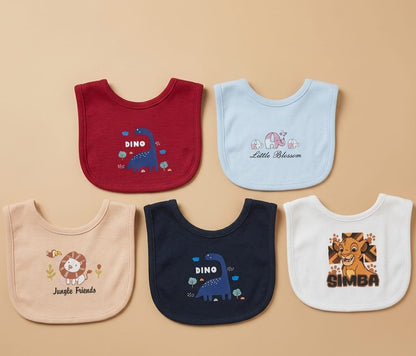 Soft Cotton 5-Piece Bib Set – Cute Simba & Dinosaur Prints