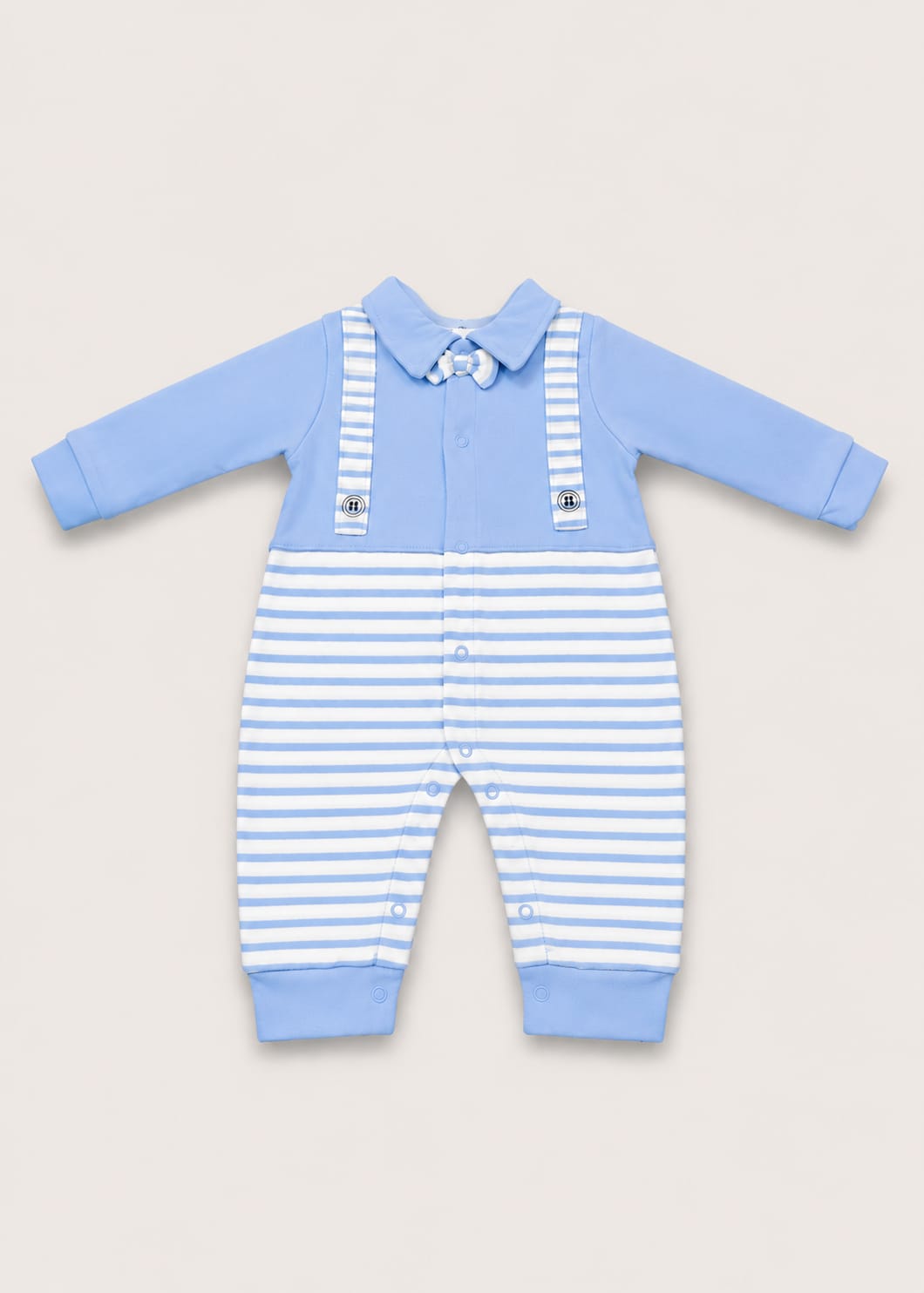 Little Gentleman Suspenders & Bowtie Romper — Light Blue