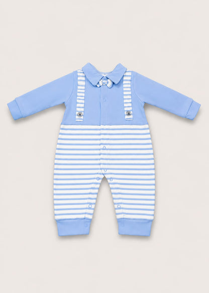 Little Gentleman Suspenders & Bowtie Romper — Light Blue