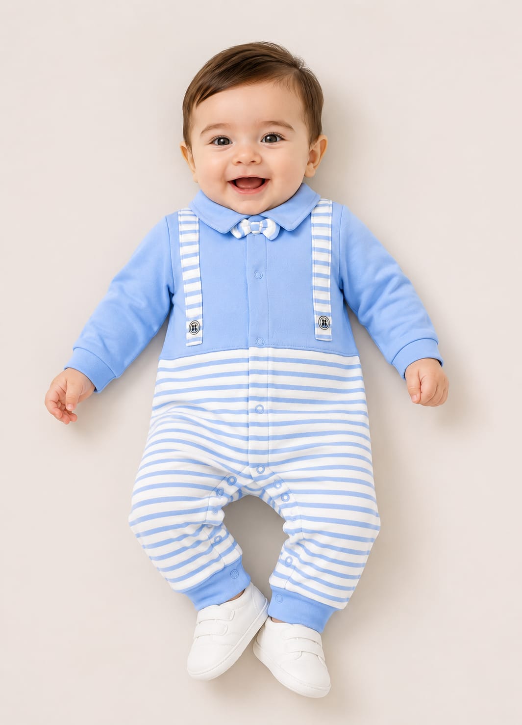 Little Gentleman Suspenders & Bowtie Romper — Light Blue
