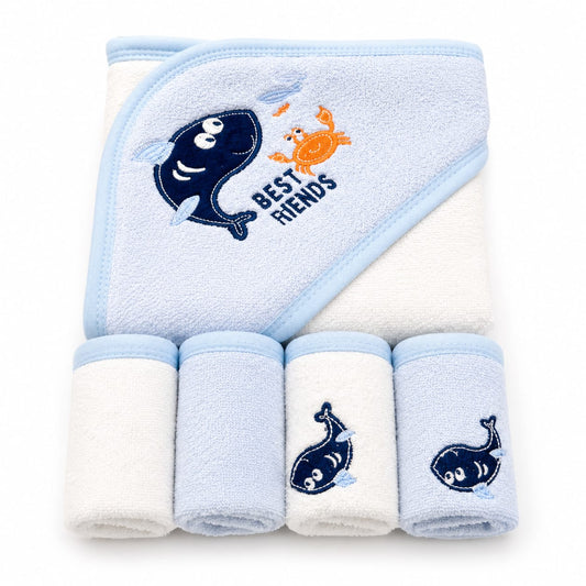 Best Friends” Whale & Crab Baby Hooded Bath Towel & Washcloth Gift Set – Blue