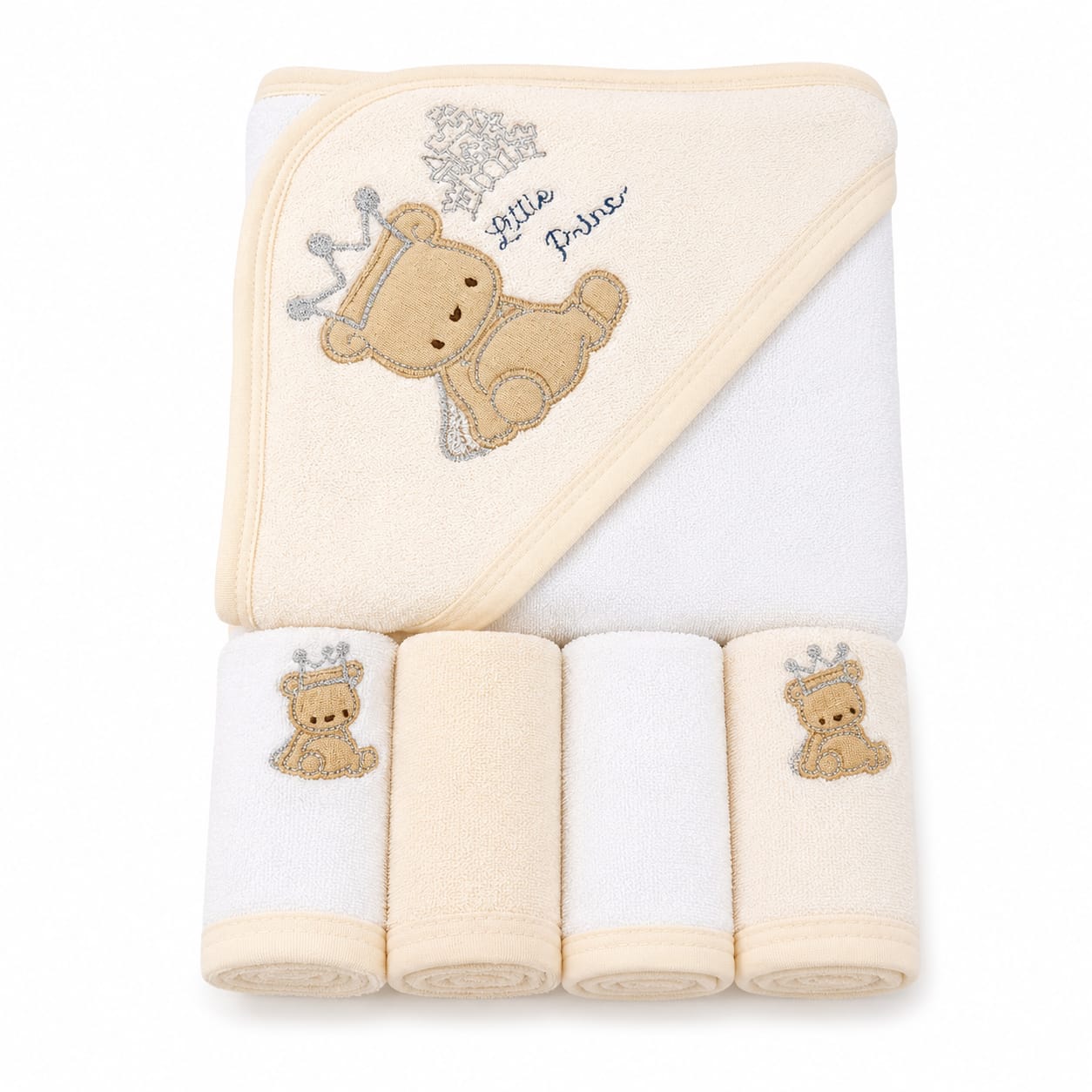 Little Prince” Bear Baby Hooded Bath Towel & Washcloth Gift Set – Cream/Beige