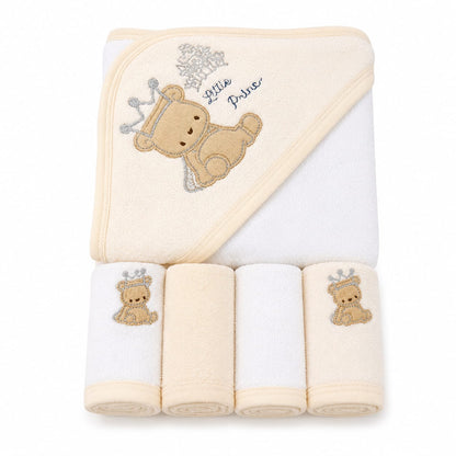 Little Prince” Bear Baby Hooded Bath Towel & Washcloth Gift Set – Cream/Beige
