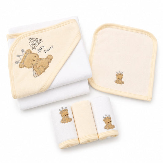 Little Prince” Bear Baby Hooded Bath Towel & Washcloth Gift Set – Cream/Beige