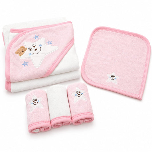 Soft Star Bear Baby Hooded Bath Towel & Washcloth Gift Set – Pink