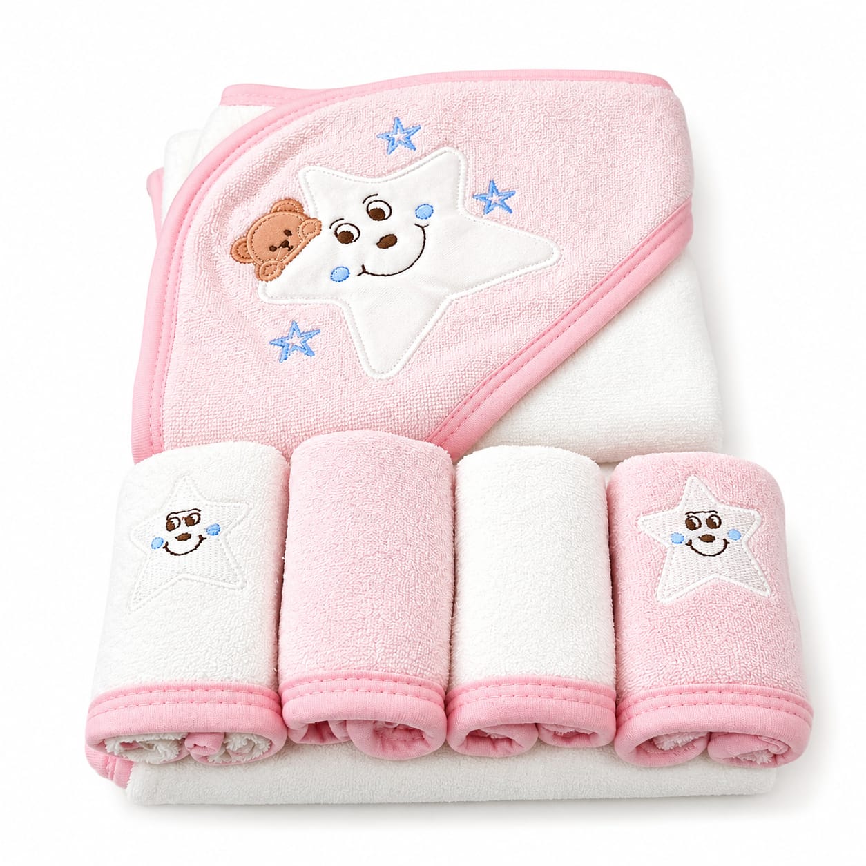 Soft Star Bear Baby Hooded Bath Towel & Washcloth Gift Set – Pink