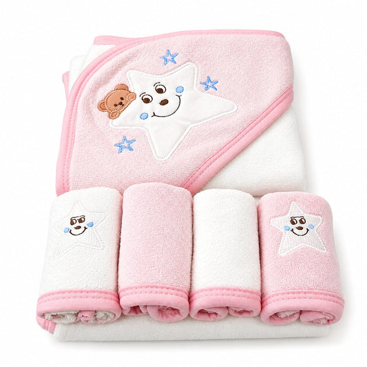 Soft Star Bear Baby Hooded Bath Towel & Washcloth Gift Set – Pink