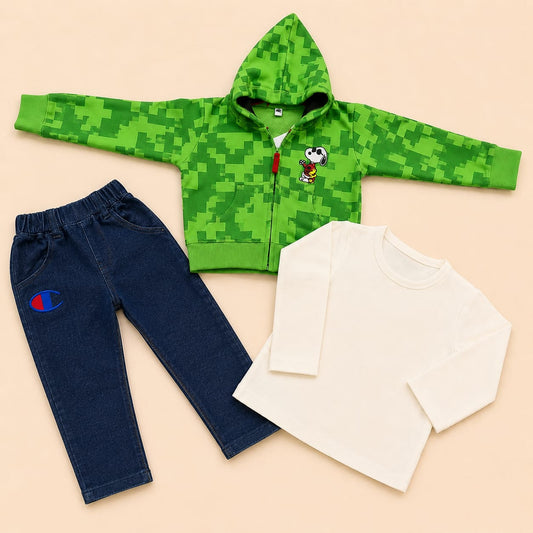 Snoopy Print Hoodie, Tee & Denim Jeans 3-Pc Set
