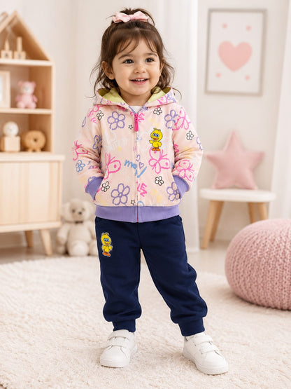 Floral Print Hoodie & Navy Jogger 3-Pc Set