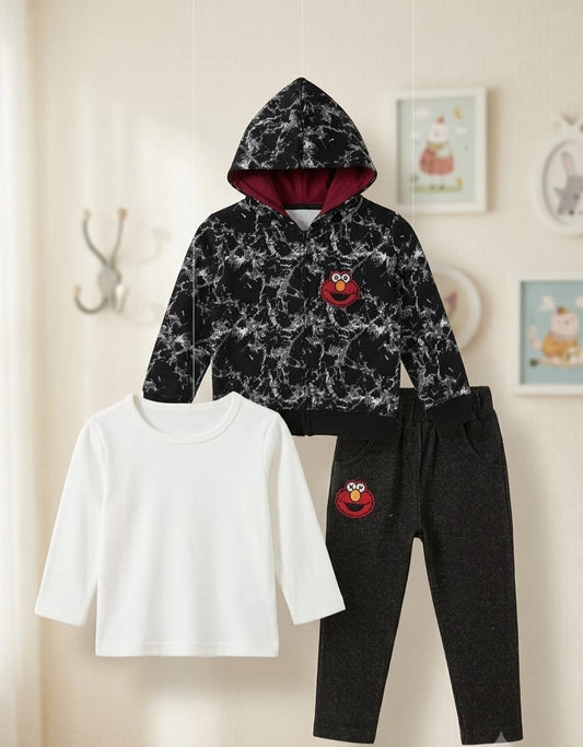 3-Piece  Outfit Set – Marble Hoodie, Tee & Denim