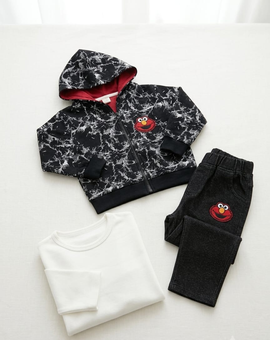 3-Piece  Outfit Set – Marble Hoodie, Tee & Denim