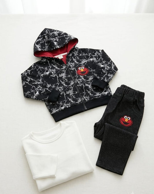 3-Piece  Outfit Set – Marble Hoodie, Tee & Denim