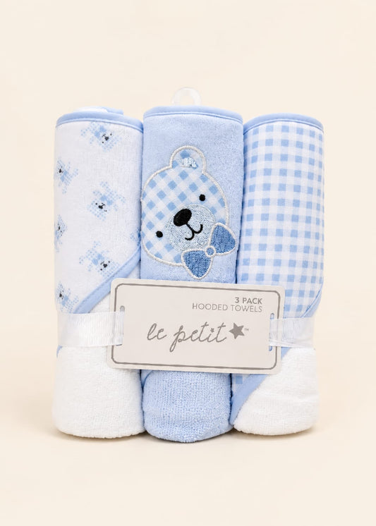 Hooded Towels for Babies – 3-Piece Pack (Classic Blue Teddy Theme)