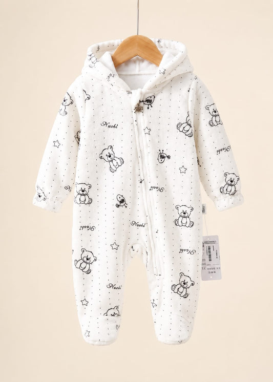 Cozy Hooded Fleece Winter Romper - Teddy Bear Print