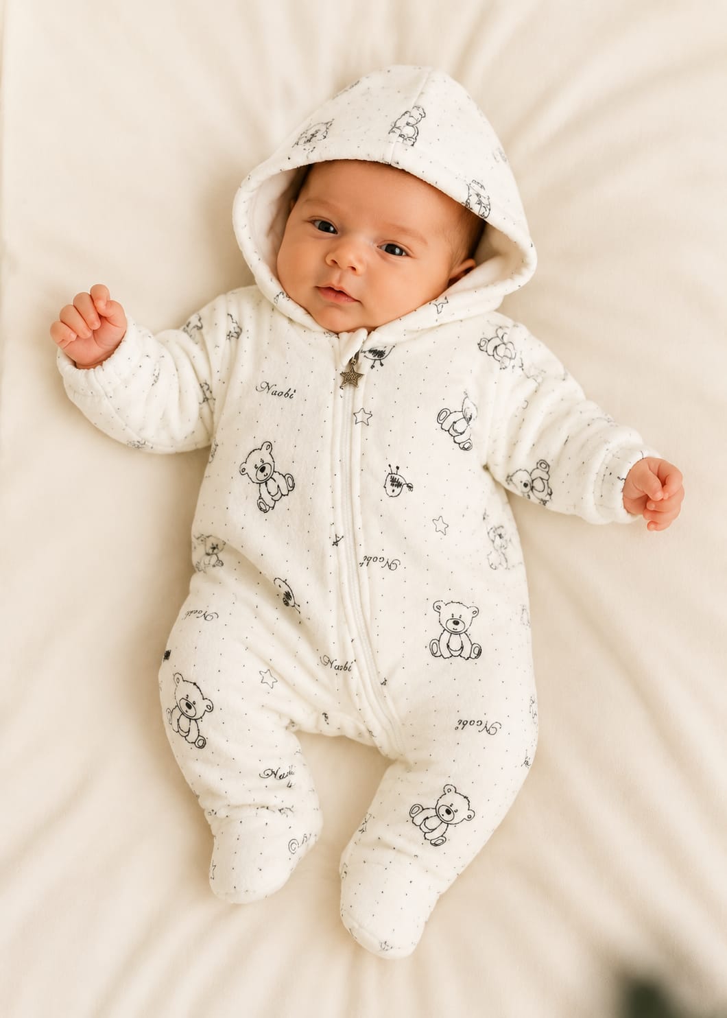 Cozy Hooded Fleece Winter Romper - Teddy Bear Print