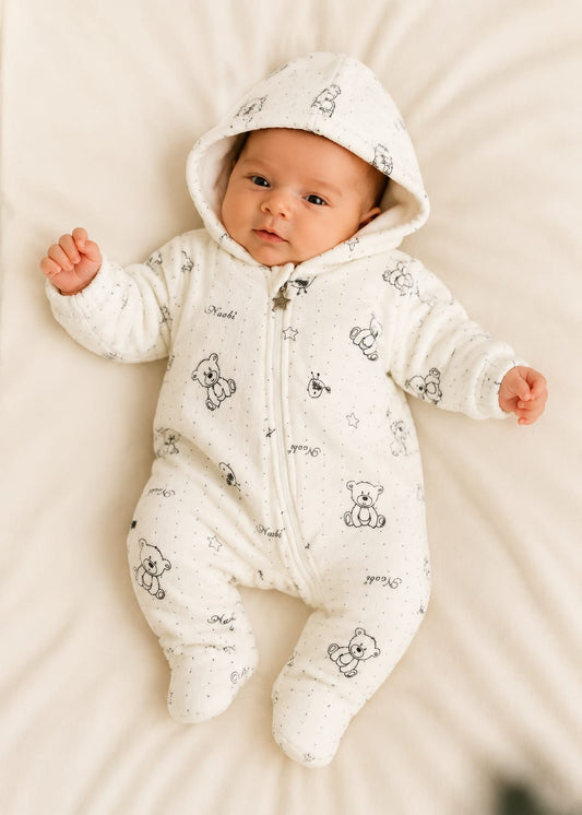 Cozy Hooded Fleece Winter Romper - Teddy Bear Print