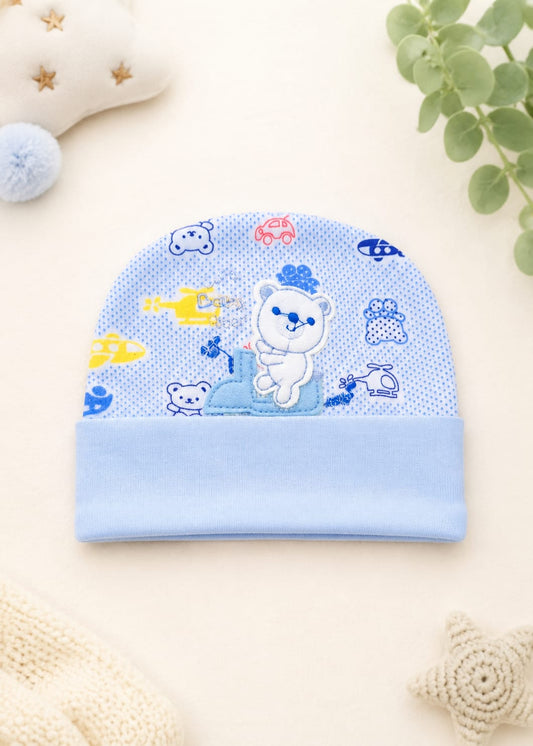 Newborn Blue Teddy Bear Embroidery Beanie