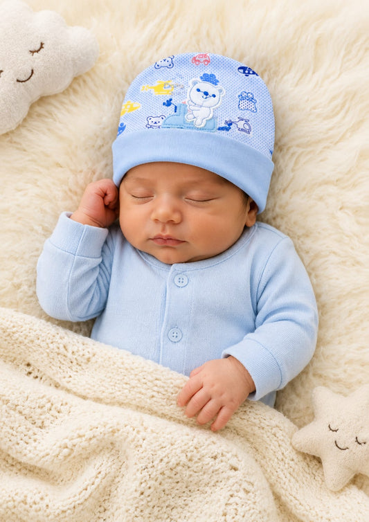 Newborn Blue Teddy Bear Embroidery Beanie