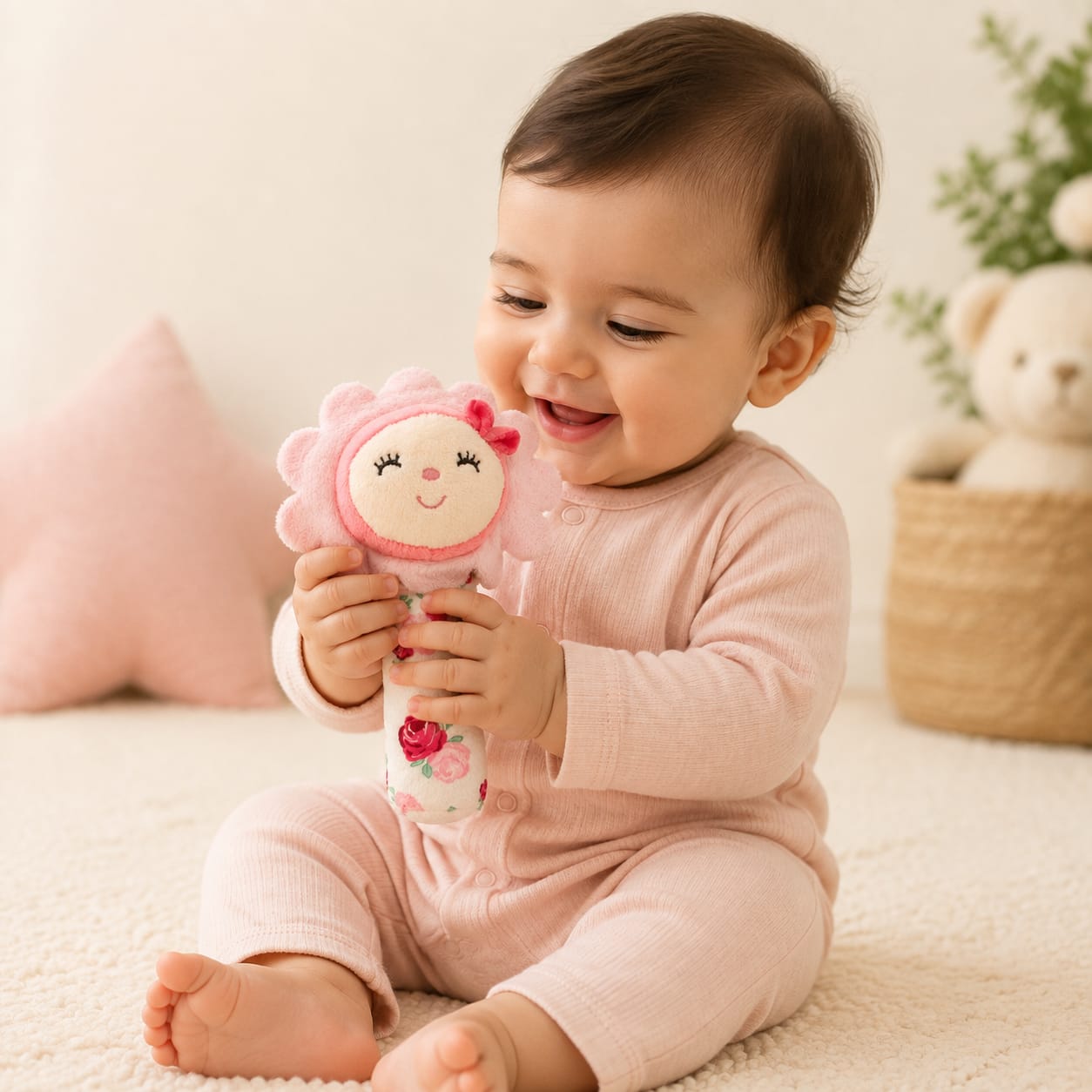 “Pink Blossom Baby Rattle – Floral Plush Toy”
