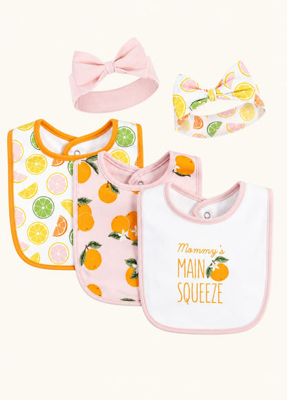 Baby Girl Bib & Headband Set – 5 Pieces