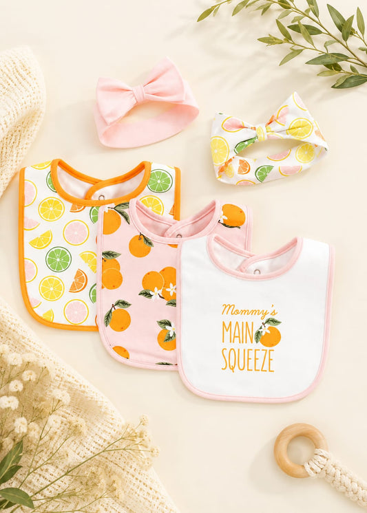 Baby Girl Bib & Headband Set – 5 Pieces