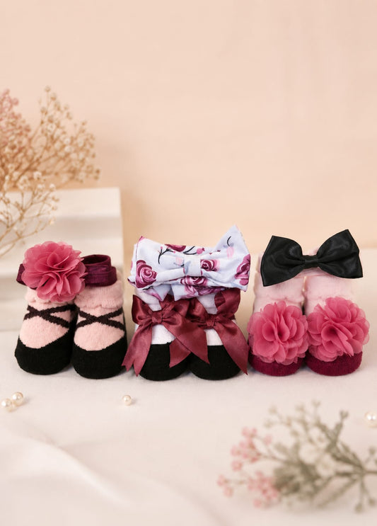 Baby Girl Socks & Headband Gift Set – 3 Pairs