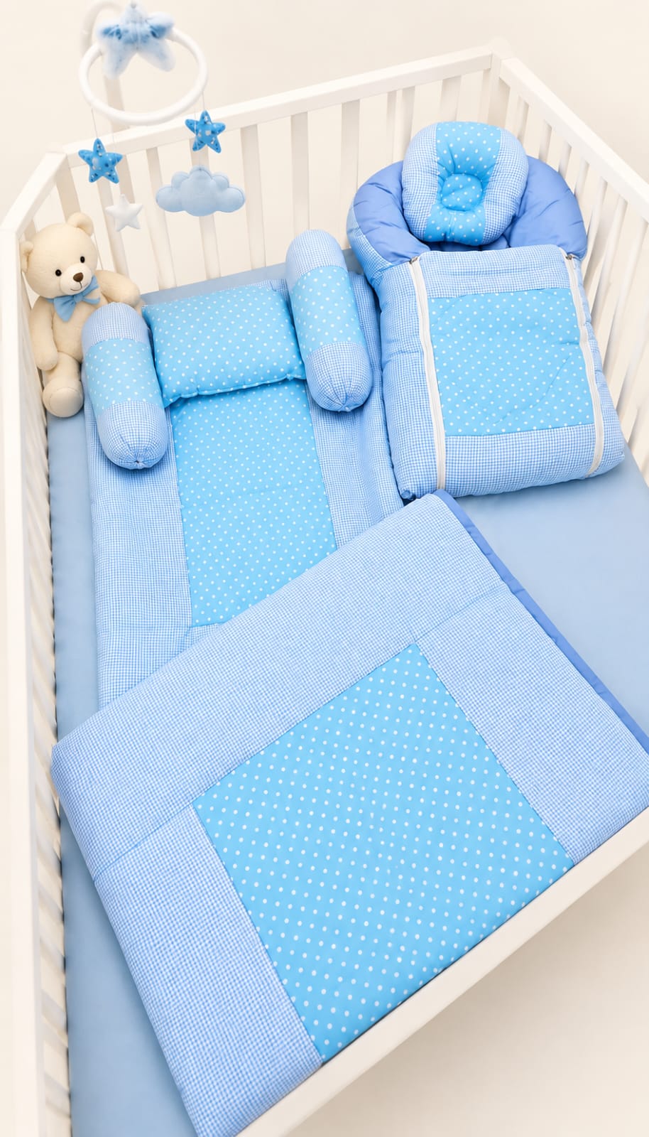 Baby Bedside Sleeping Bed Set with Bolster Pillows & Head Pillow – Blue Polka Dot (4-in-1)
