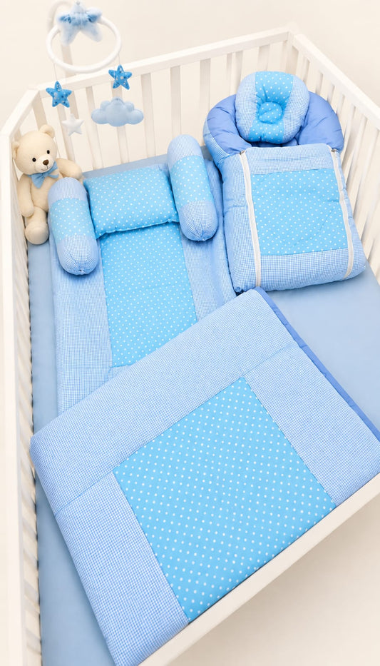 Baby Bedside Sleeping Bed Set with Bolster Pillows & Head Pillow – Blue Polka Dot (4-in-1)