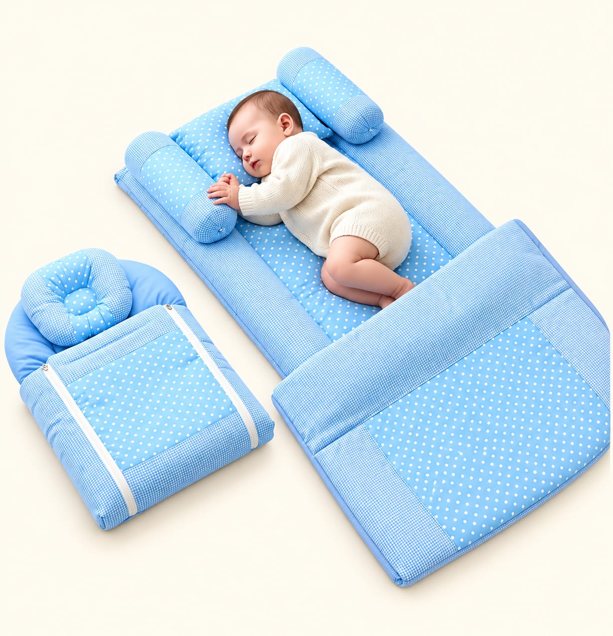 Baby Bedside Sleeping Bed Set with Bolster Pillows & Head Pillow – Blue Polka Dot (4-in-1)