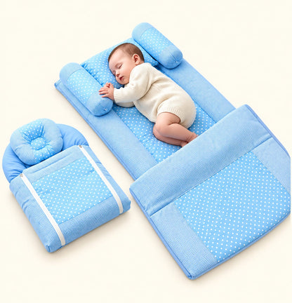 Baby Bedside Sleeping Bed Set with Bolster Pillows & Head Pillow – Blue Polka Dot (4-in-1)