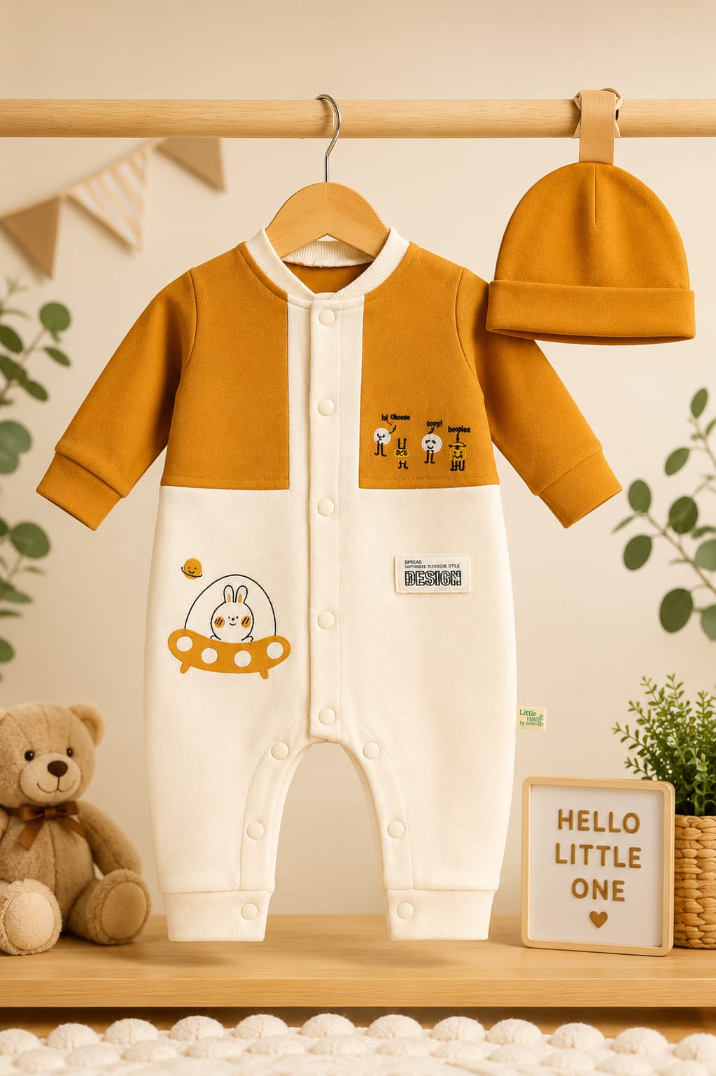 Mustard & Cream Space Bunny Unisex Baby Romper
