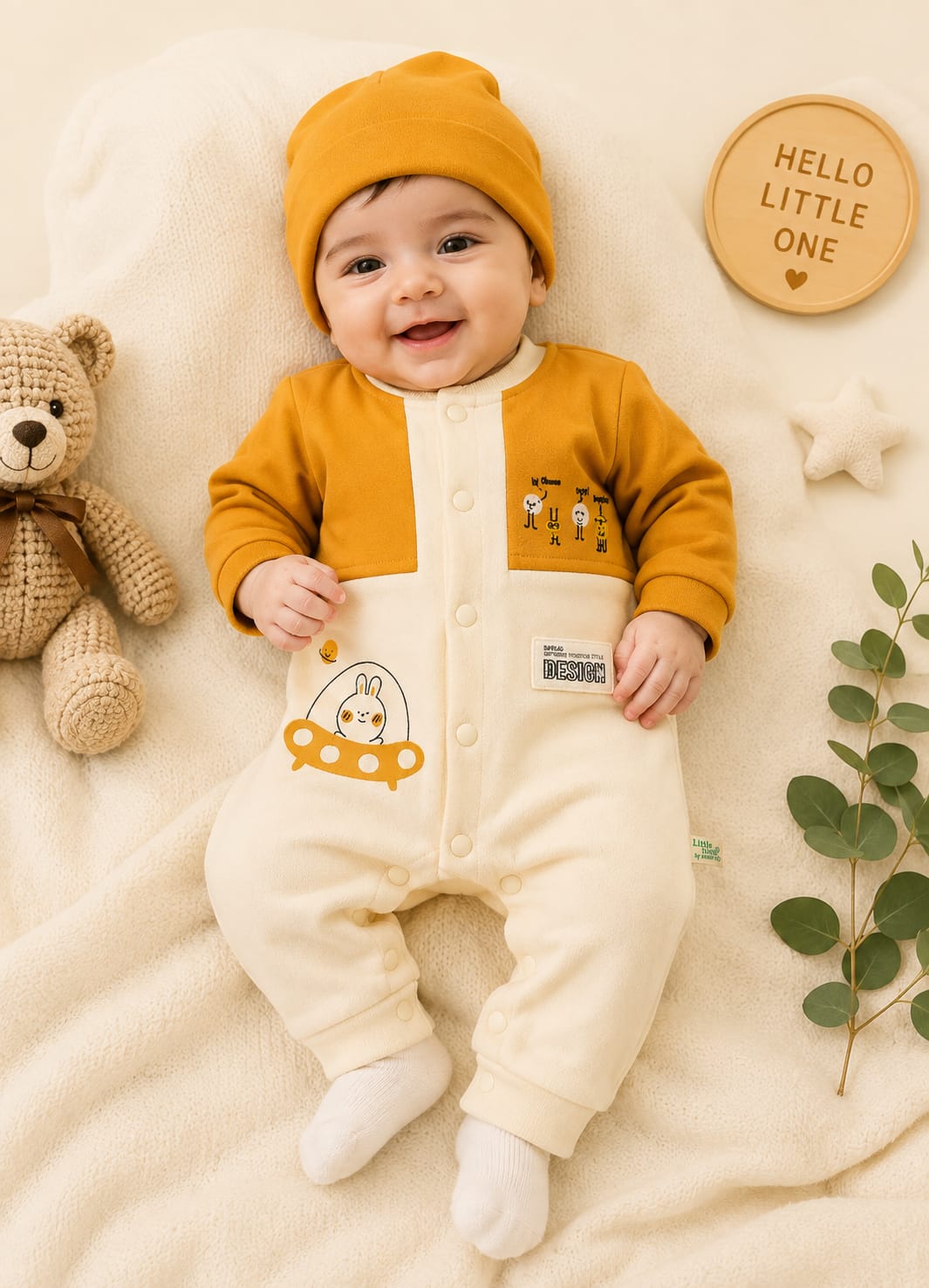 Mustard & Cream Space Bunny Unisex Baby Romper