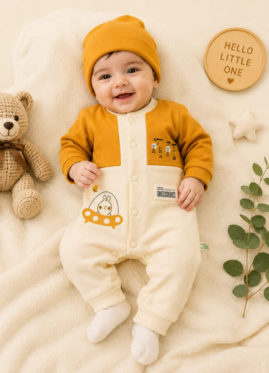 Mustard & Cream Space Bunny Unisex Baby Romper