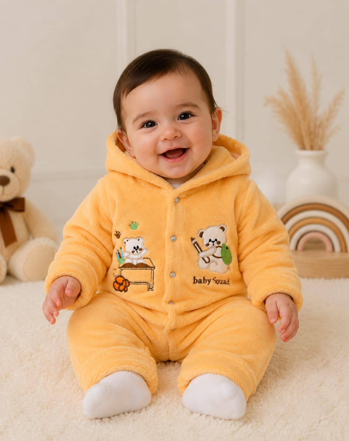 Cozy Teddy Bear Velvet Hooded Romper